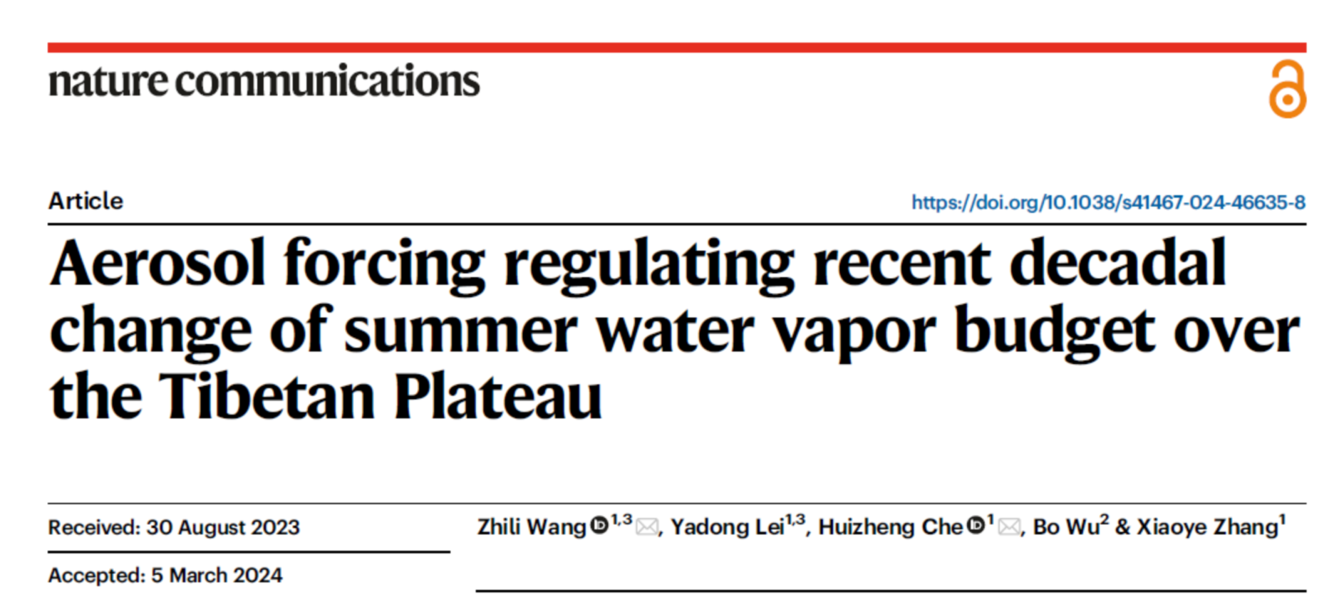 《自然-通讯》∣	人为气溶胶强迫主导了近四十年夏季青藏高原水汽收支的增加趋势